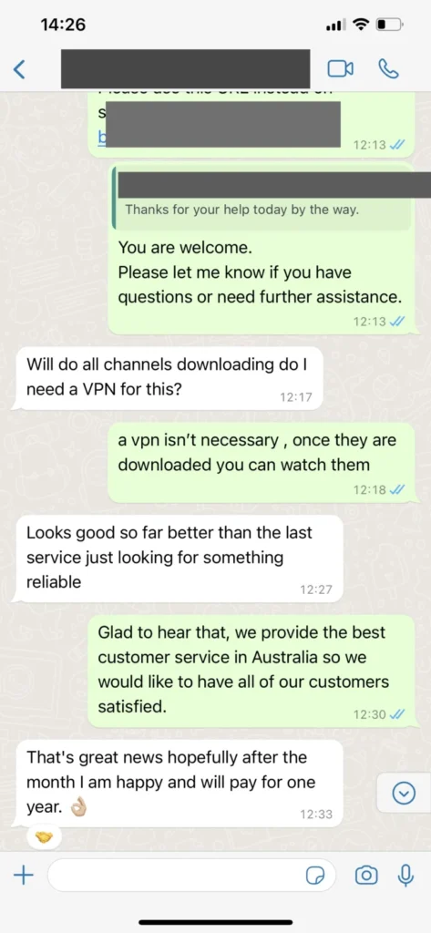 Zrzut ekranu z rozmowy ze wsparciem usevq na WhatsApp